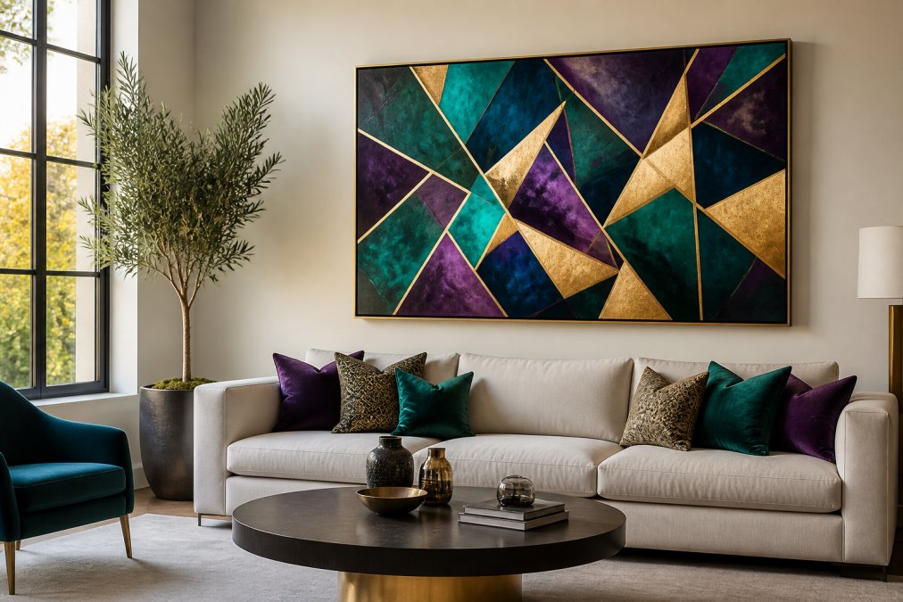 Modern living room with a custom AI-generated canvas print displaying vibrant abstract geometric patterns in jewel tones and gold accents, hung prominently above a contemporary sofa with natural window lighting illuminating the artwork
