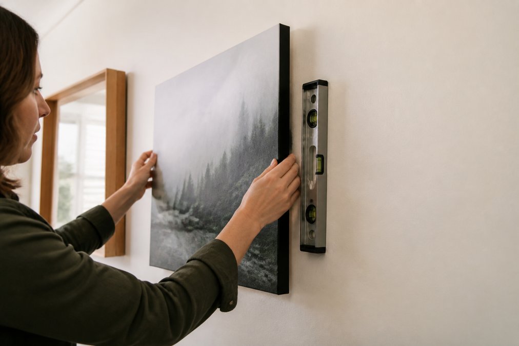 Close-up of hands carefully installing a canvas print on a wall using metal hanging hardware, with a level tool visible and proper alignment being checked, natural daylight illuminating the workspace
