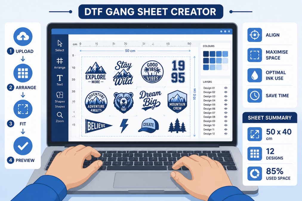 Designer's hands working on a laptop screen displaying a gang sheet layout with multiple small custom designs arranged efficiently on a single transfer sheet, with design software open showing colour swatches and positioning guides