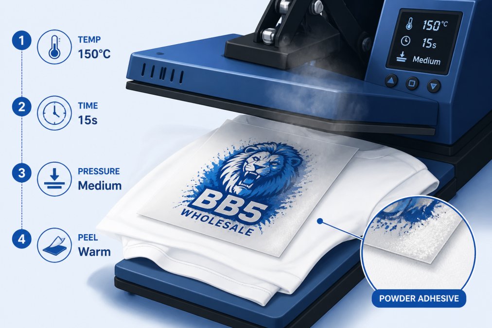 Close-up of a heat press applying a colourful DTF transfer onto a white cotton t-shirt, showing the transfer sheet mid-application with visible powder adhesive and steam rising from the press