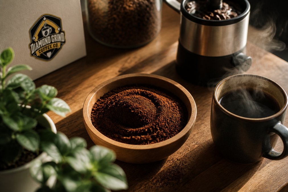 Overhead close-up of freshly ground coffee in a wooden bowl with a burr grinder and steam rising from a ceramic cup, warm morning light across a kitchen counter