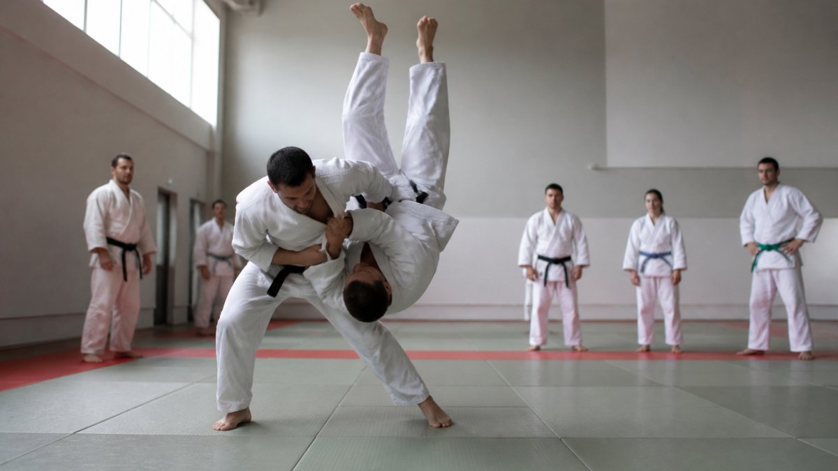 Martial artist executing a throw on custom martial arts mats in a professional dojo training space