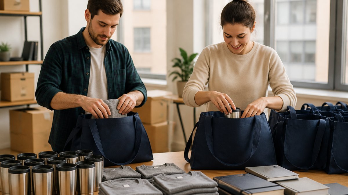 Two colleagues sorting folded custom t-shirts, insulated tumblers, and notebooks into branded tote bags on a long table in a bright office, morning light through windows