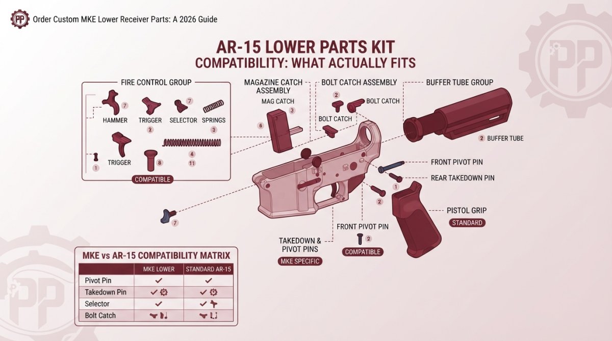 Close-up of hands assembling AR-15 lower receiver components on a clean workbench with precision tools, springs, and metal parts visible under bright work lighting
