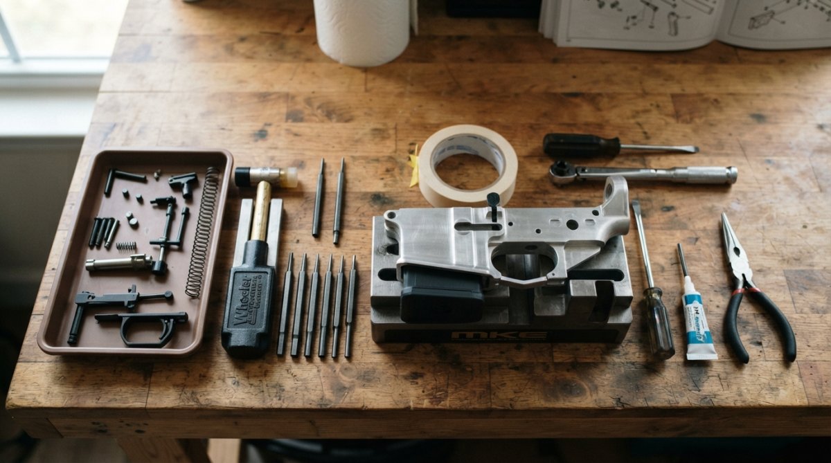 Flat lay of essential assembly tools arranged on a wooden work surface including various punches, spring tools, hammer, wrench, and metal components organized and ready for use