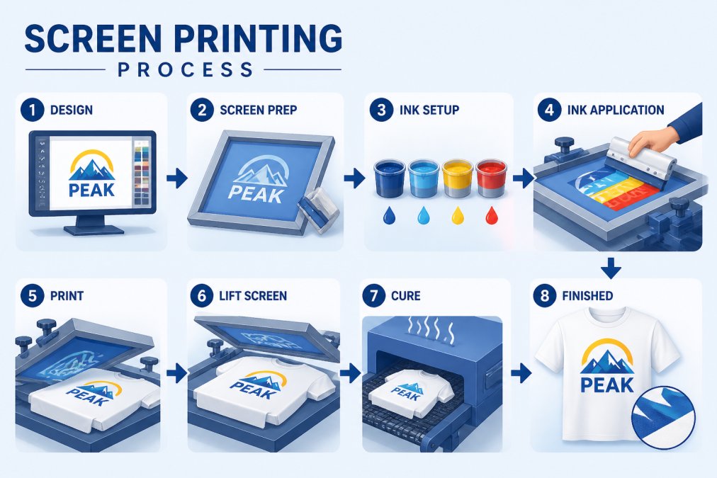 Professional demonstrating screen printing technique with vibrant multi-color logo being applied to white t-shirt fabric, showing the precision of the imprint process and color saturation