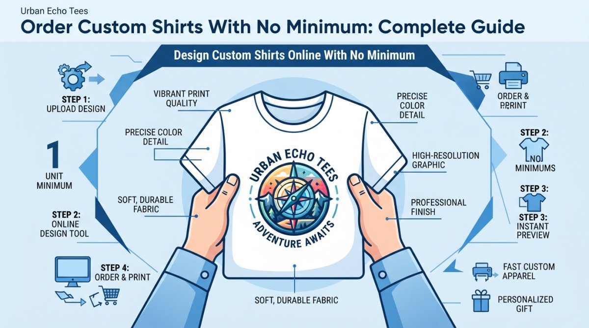 Professional illustration showing order custom shirts with no minimum