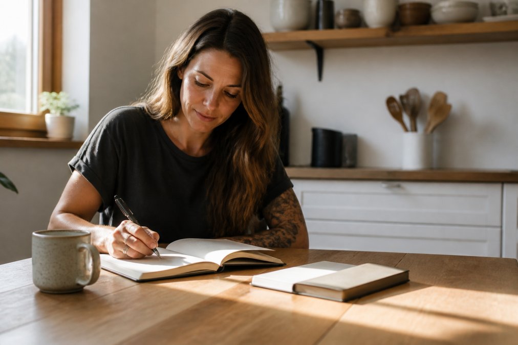 A woman journaling at a sunlit kitchen table, a hardcover journal open beside a mug of coffee and a pen, morning light across the pages
