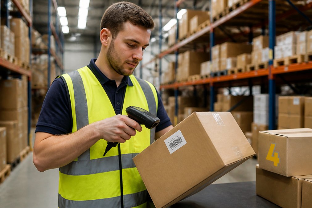 A warehouse worker in a high-vis vest scanning a parcel with a handheld barcode scanner, shelves of cardboard boxes visible in the background under bright industrial lighting