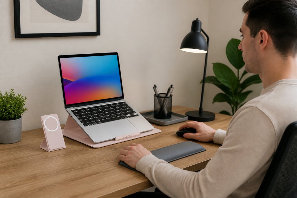 Person working at a home office desk with a laptop elevated on an adjustable stand, ergonomic mouse positioned at elbow height, organized desk with cable management, and proper monitor alignment for neutral posture viewing