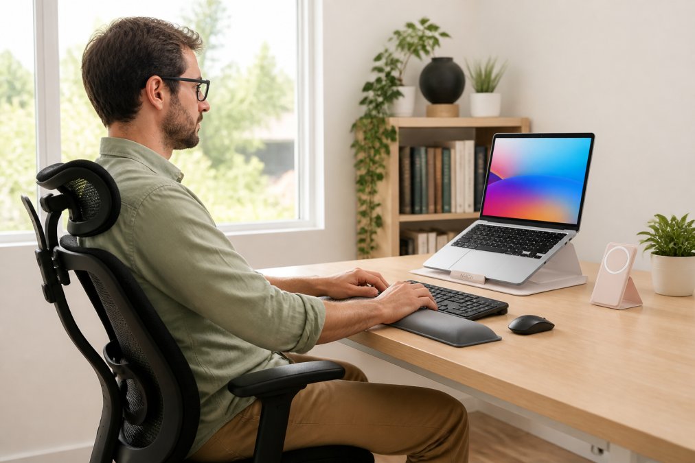 Remote worker sitting at a properly ergonomic desk with correct posture, showing aligned monitor at eye level, keyboard and mouse at elbow height, supportive chair with proper lumbar support, and natural daylight streaming through office window