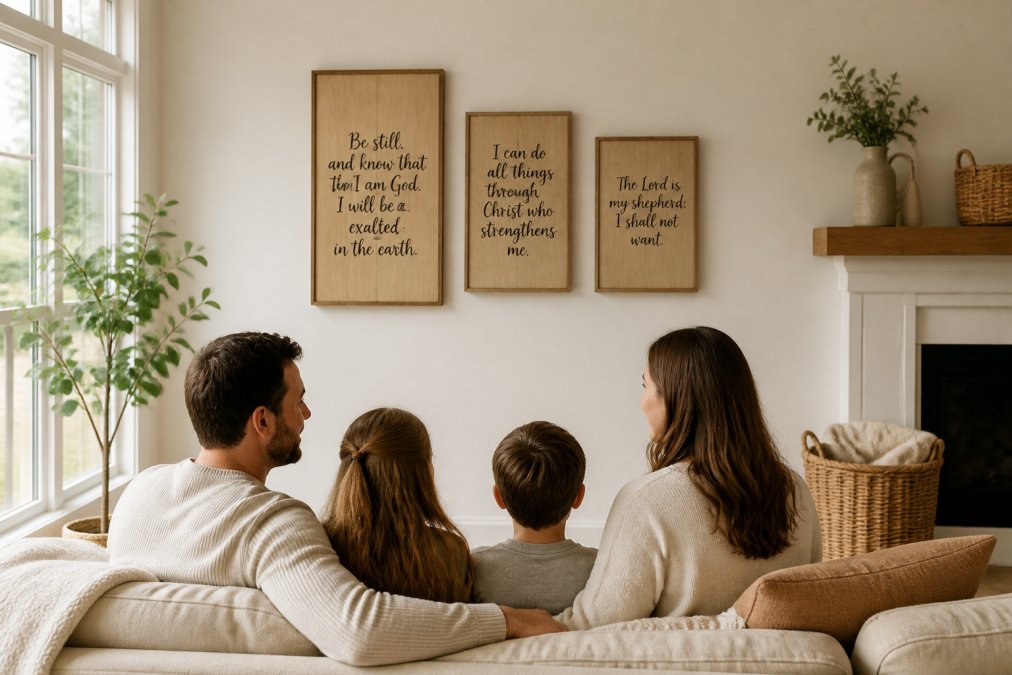 Bright, airy living room with a family gathered near a neutral-toned sofa and scripture-inspired wall art, with soft natural light and earth-tone accents