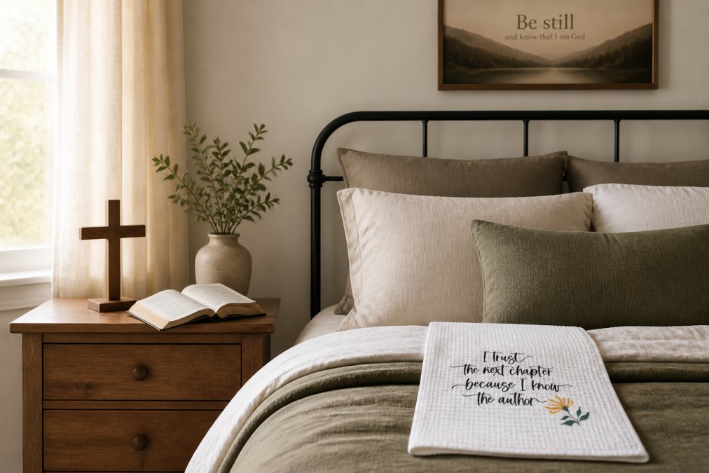 Serene bedroom with soft natural light, a small wooden cross, an open devotional book, and a framed Bible verse print above the bed