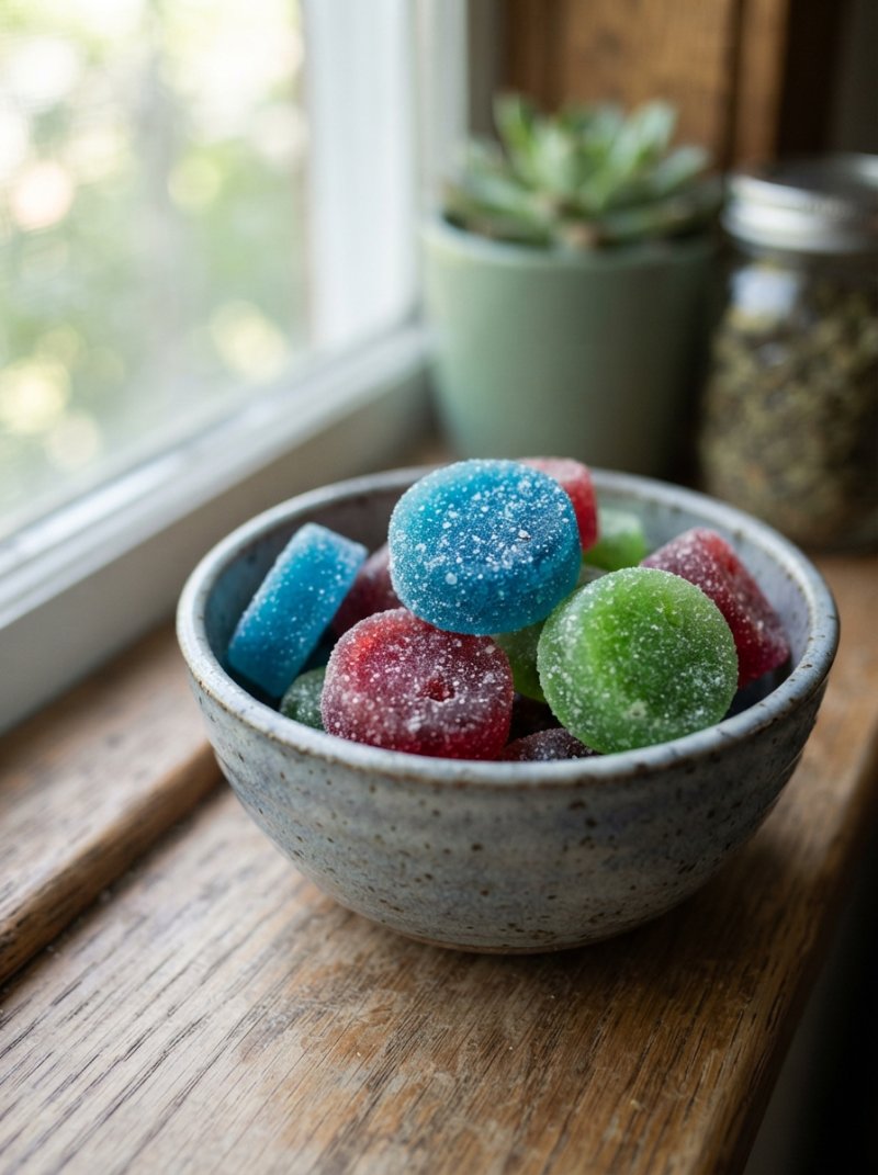 Close-up of vibrant sugar-free THC tarts in a ceramic bowl, with blue razz, wild cherry, and green apple varieties visible under soft natural window lighting, highlighting the product's quality and appeal