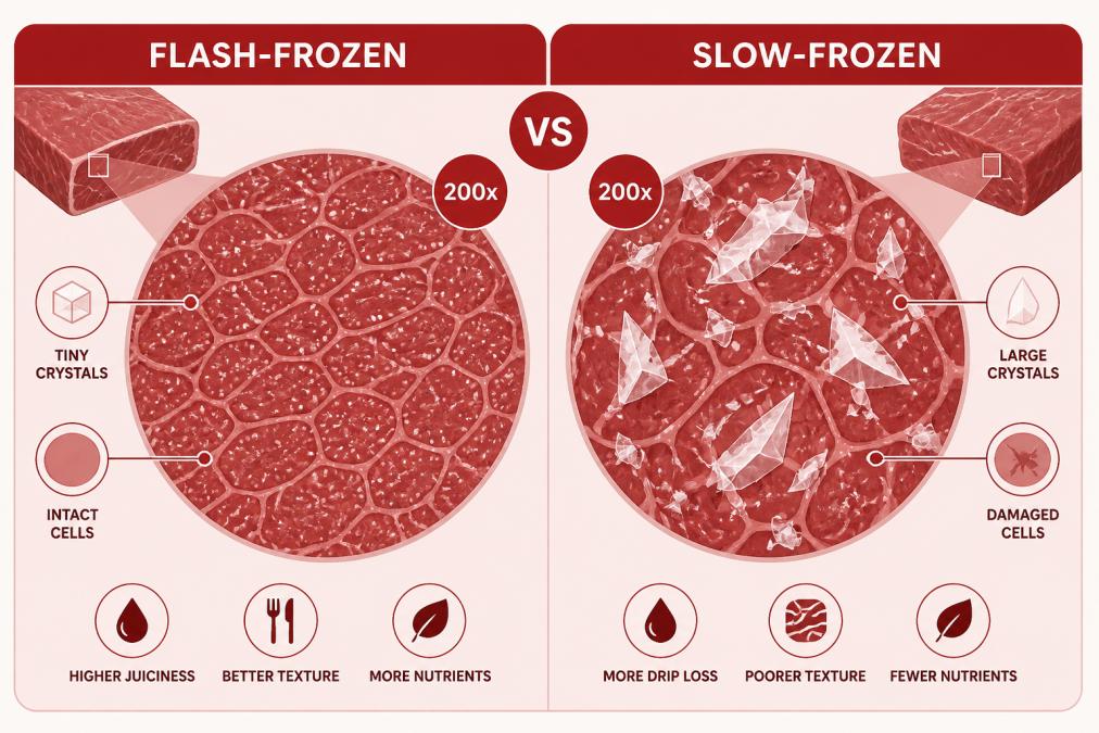 Side-by-side cross-section of flash-frozen meat crystal structure (tiny, uniform crystals) versus slow-frozen meat (large, jagged crystals causing cell damage), magnified under microscope with labels