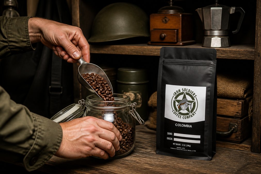 Close-up of hands carefully placing fresh coffee beans into an airtight glass container with a rubber seal in a cool, dark pantry space, with vintage coffee equipment visible on shelves