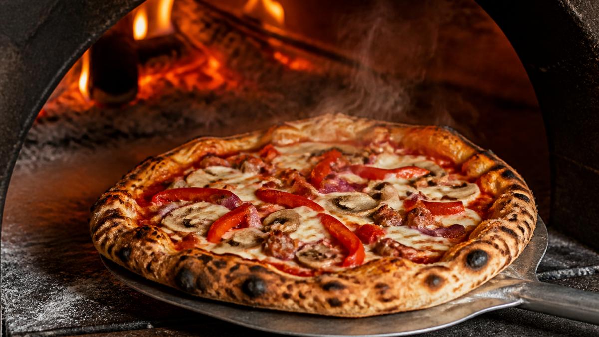 Close-up of freshly baked handmade pizza being removed from a wood-fired oven, showing crispy crust with charred spots, melted cheese, and vibrant toppings with steam rising