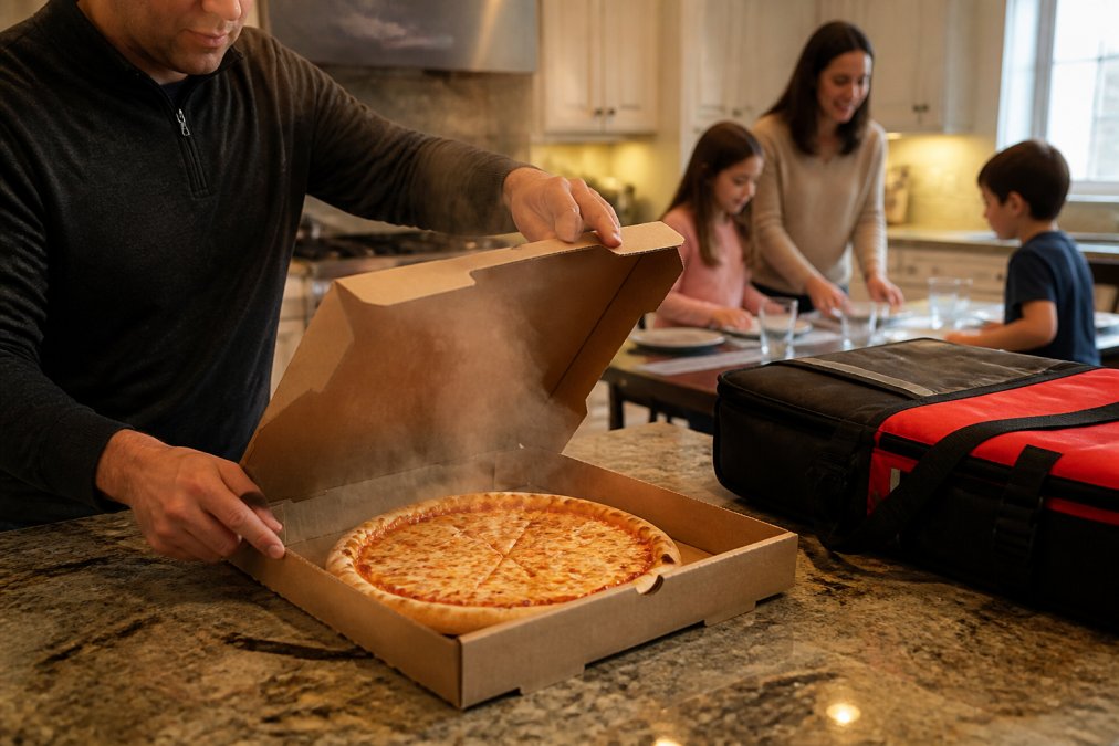 Infographic showing a step-by-step process to keep heat when you order fresh pizza for delivery at home