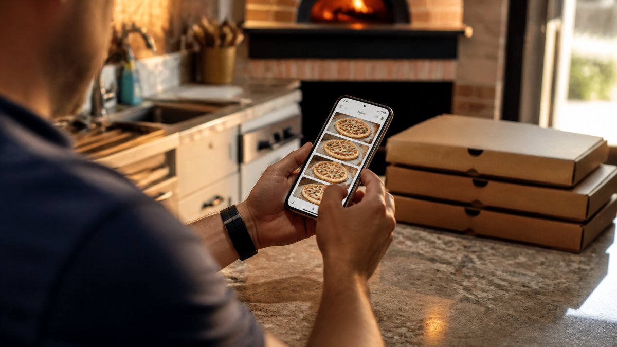 Person's hands holding a smartphone displaying a pizza ordering app interface with menu items visible, sitting at a kitchen counter with pizza boxes stacked in the soft-focus background