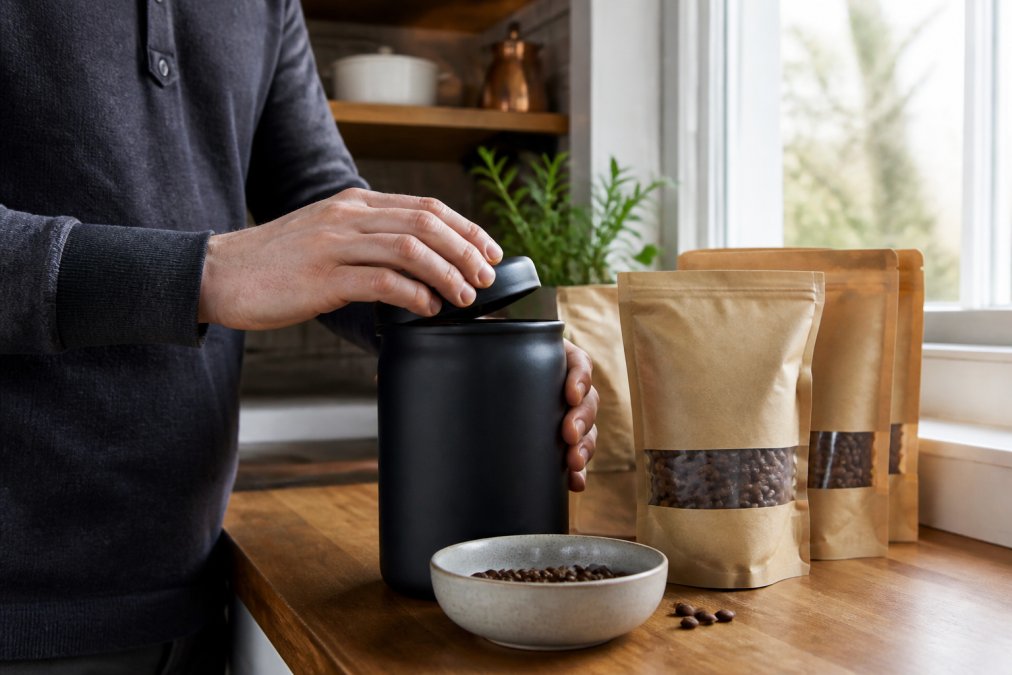 A person sealing a dark, airtight ceramic coffee canister on a kitchen counter with bags of whole bean coffee nearby, natural morning light coming through a window