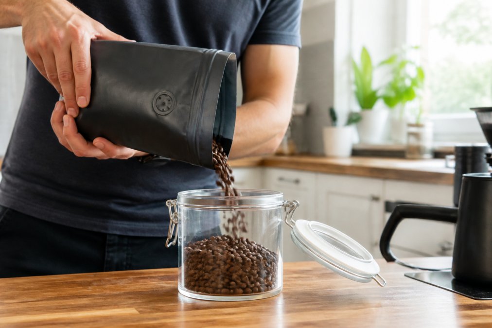 Person pouring fresh roasted coffee beans into an airtight glass container in a bright morning kitchen