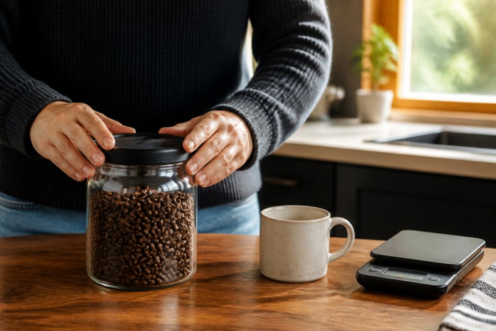 A person pressing the lid onto a glass airtight container filled with whole bean coffee on a kitchen counter, with a ceramic mug and small digital scale beside it, soft morning light through a window
