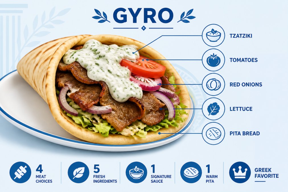 Close-up of freshly prepared gyros with warm pita bread, creamy tzatziki sauce, sliced tomatoes, red onions, and crisp lettuce arranged on a white plate, showing the generous portion and vibrant Mediterranean colors under natural lighting