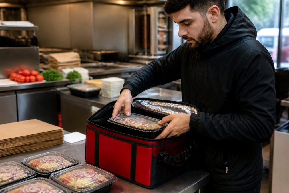 Delivery driver carefully placing a warm insulated container of Greek food into a specialized thermal delivery bag, demonstrating proper handling technique with focused attention to protecting the meal