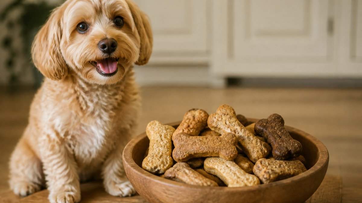 A close-up, warm photograph of a small, happy dog sitting attentively beside a wooden bowl filled with assorted handmade artisan dog biscuits, with a soft, natural light background suggesting a home kitchen setting.
