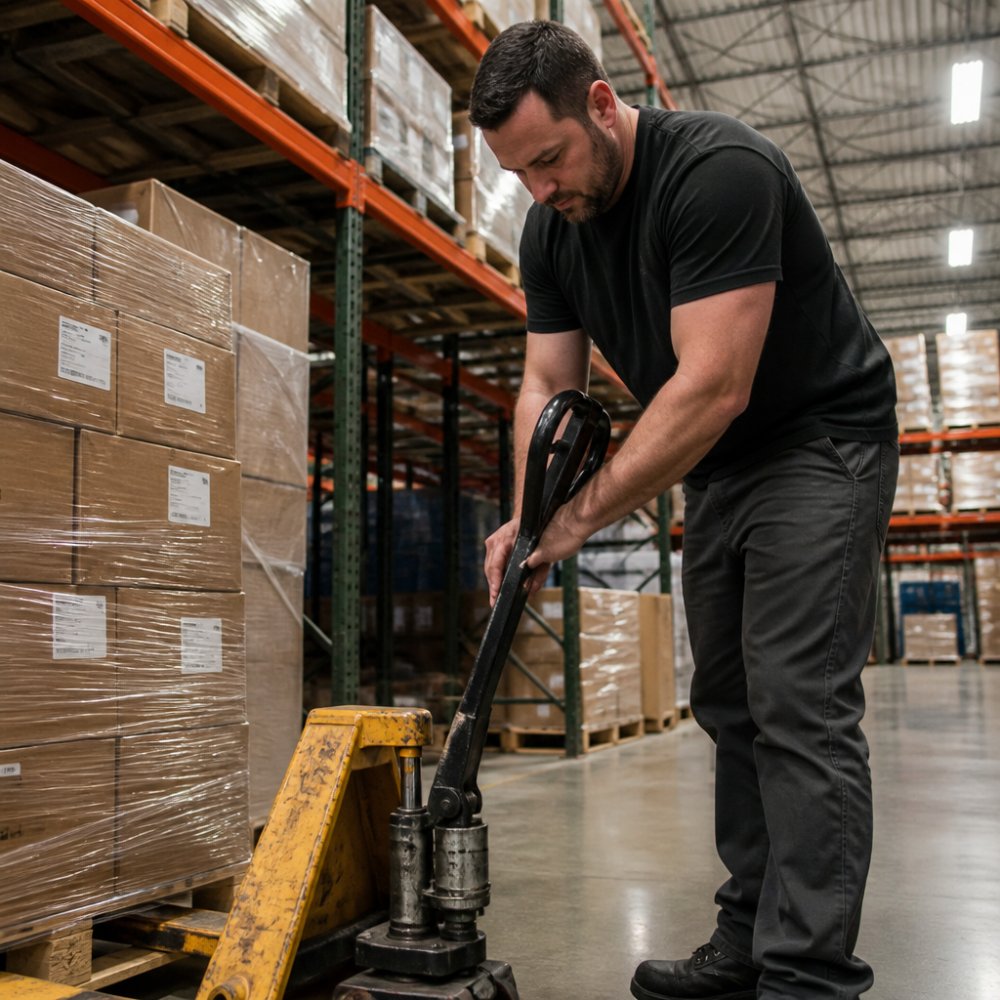 Warehouse worker wearing high performance workwear inspecting a pallet jack near industrial shelving