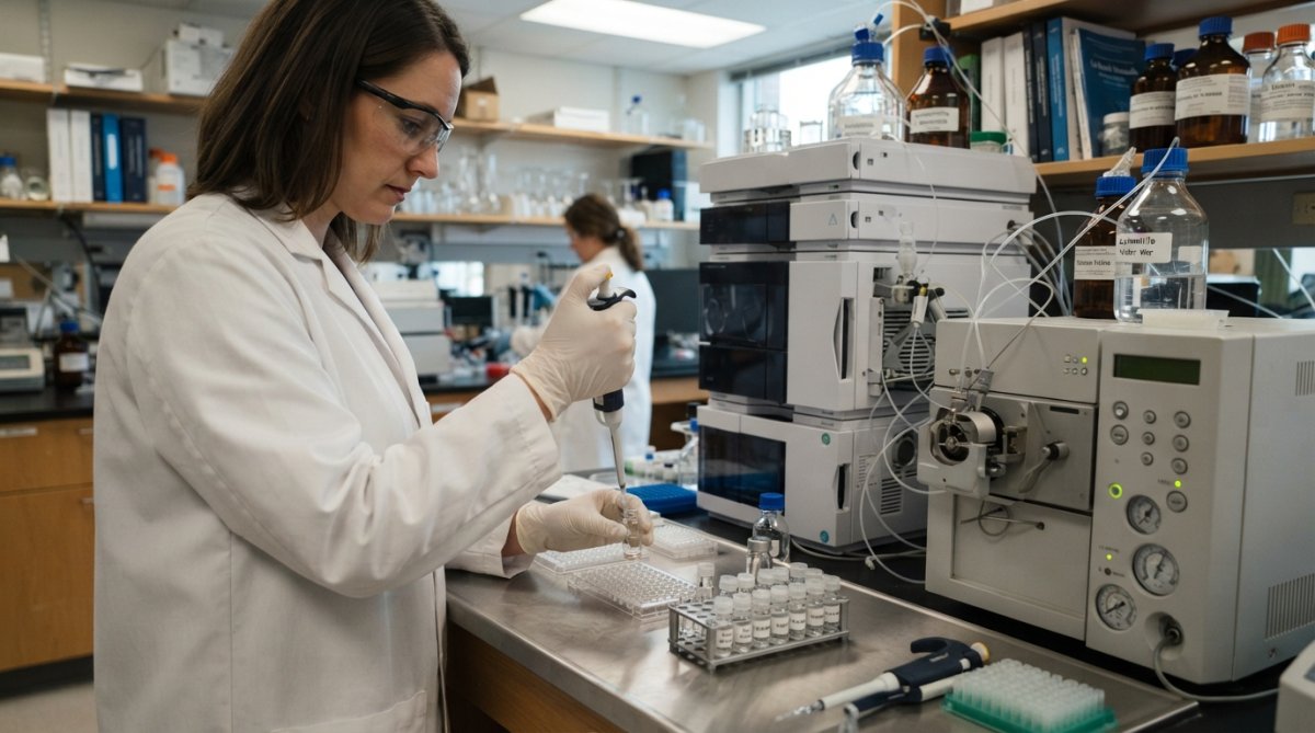 Professional illustration showing laboratory and technician and examining concepts for high purity research peptides