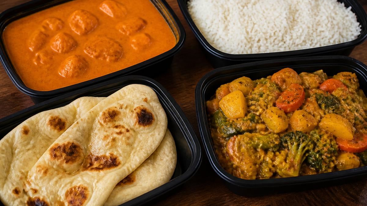 Close-up of colorful Indian takeout containers showing butter chicken with creamy sauce, fragrant basmati rice, garlic naan, and vibrant vegetable curry arranged on a wooden table ready for pickup