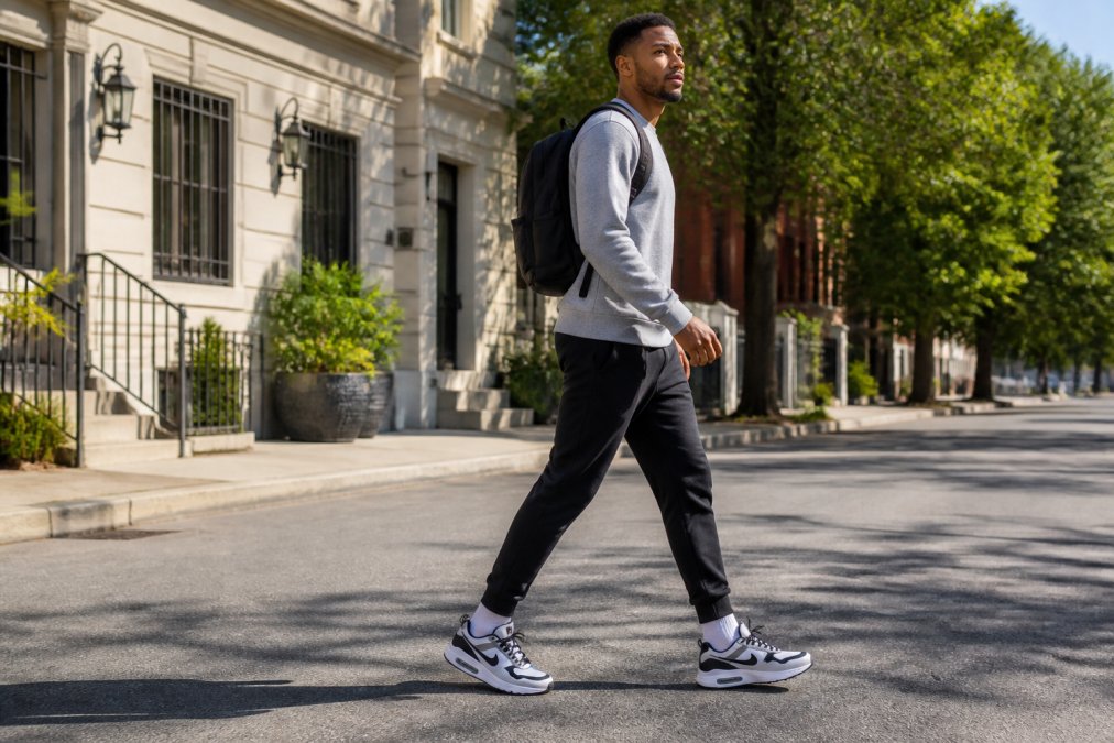 Person wearing Air Max React sneakers walking confidently through an urban neighborhood street on a bright morning, casual stride with natural daylight