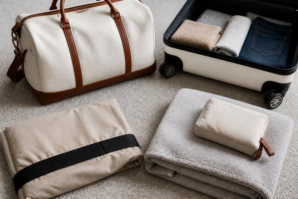 Flat lay arrangement of travel accessories including waterproof travel bag in white with brown leather trim, folded luggage cover in neutral tones, and travel blanket with pouch neatly organized on a clean background
