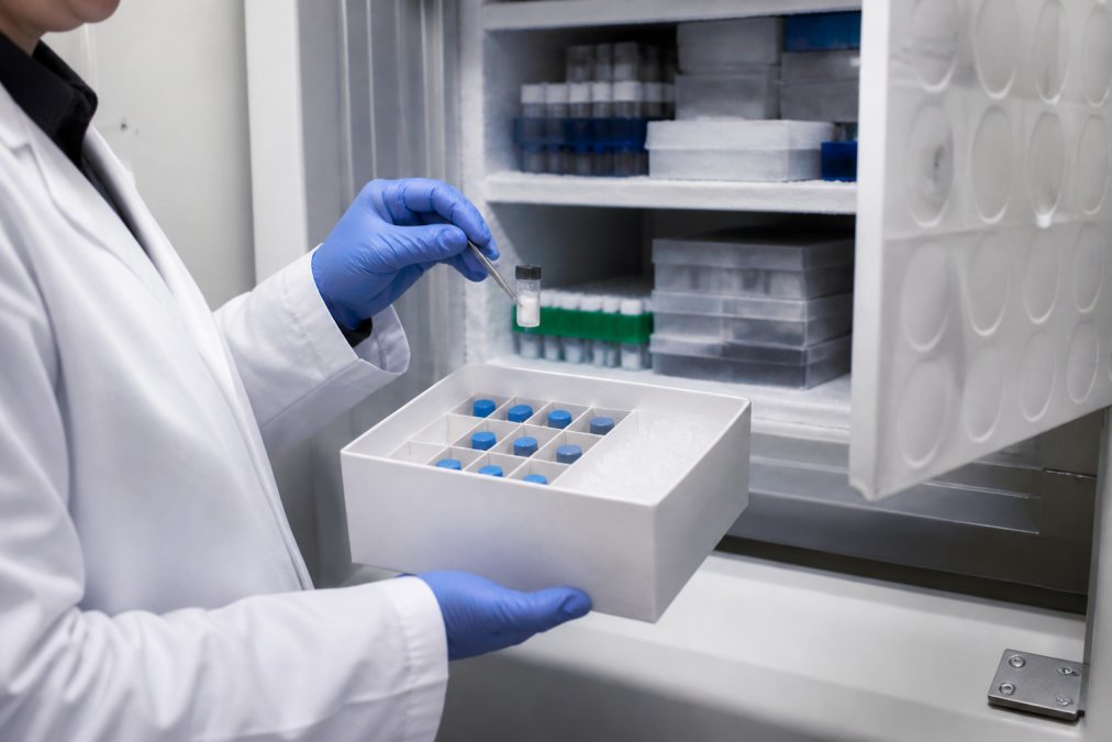 Laboratory technician carefully handling a lyophilized coenzyme vial with tweezers while placing it into a labeled, desiccant-equipped freezer box in a -20°C storage unit