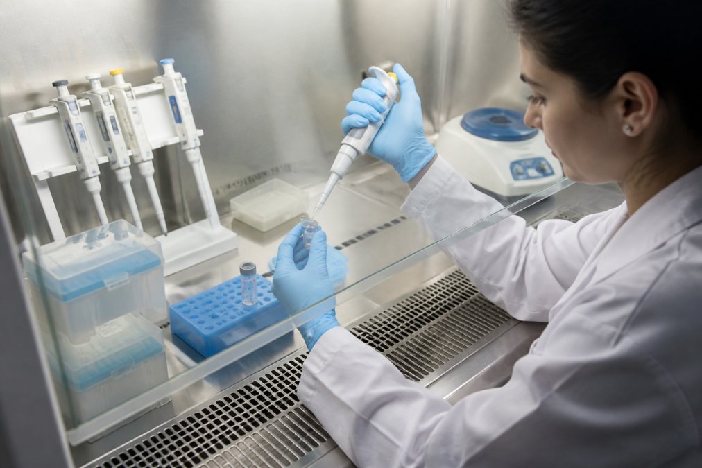 Research scientist in lab coat and gloves carefully reconstituting a lyophilized coenzyme vial with sterile buffer solution using a calibrated pipette under a biosafety hood, with labeled microtubes and analytical instruments visible in background