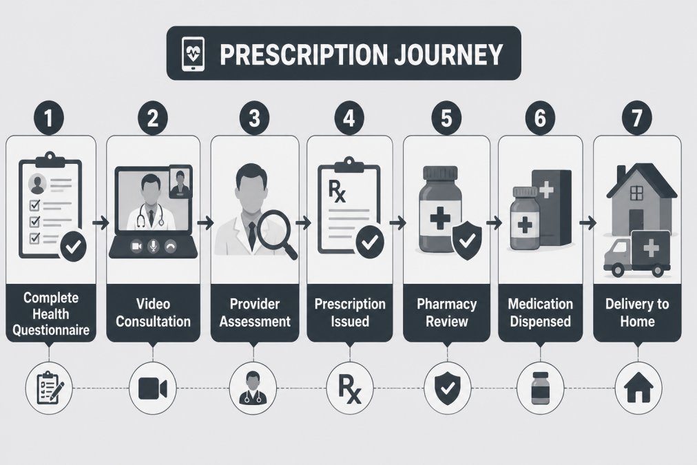 Flowchart showing the prescription journey: Complete health questionnaire → Video consultation with provider → Provider assessment → Prescription issued → Pharmacy review → Medication dispensed → Delivery to home