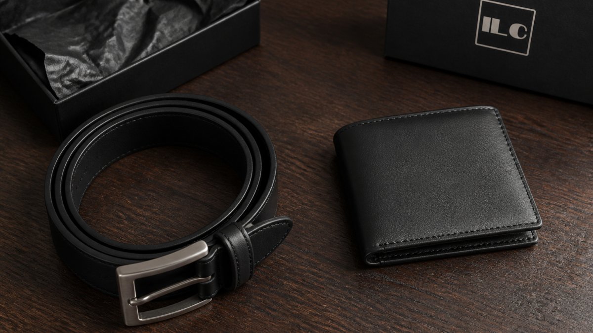 Overhead shot of a black top-grain leather belt coiled beside a slim black bifold wallet on a dark wood surface, with an open gift box and tissue paper in the corner