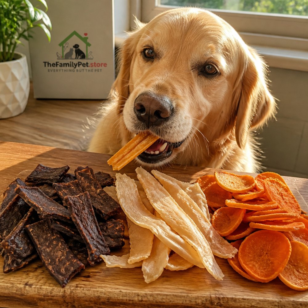 A happy dog eating a natural treat surrounded by single-ingredient snacks like beef liver and carrot chips on a wooden table.
