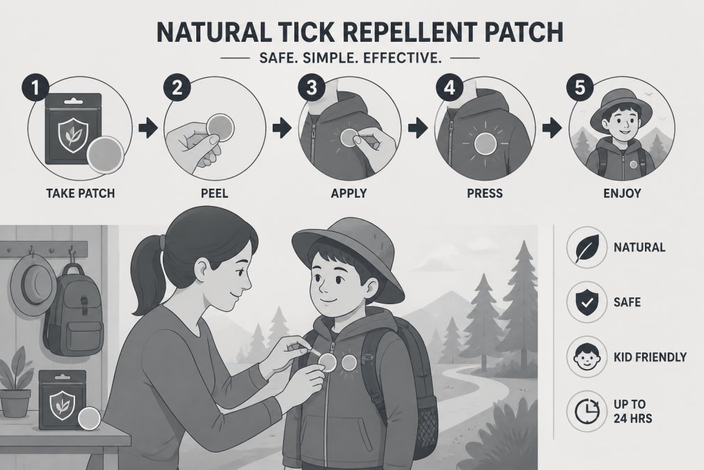 Parent applying a natural tick repellent patch to a child's clothing during outdoor preparation, showing the ease and safety of the application process in natural daylight