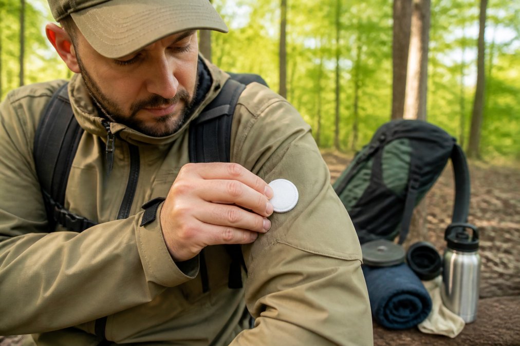 Close-up of someone placing a tick repellent patch on outdoor clothing while preparing for a hiking or camping trip in a wooded area during daylight
