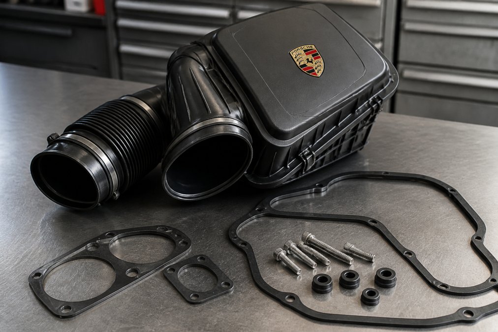 Close-up of genuine Porsche performance air intake system laid on workbench next to OEM gaskets and mounting hardware, showing precision engineering and brand markings