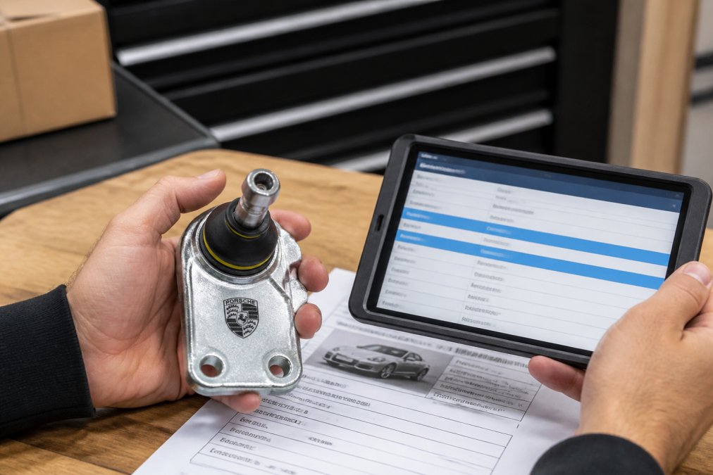 Hands holding a genuine Porsche part next to a VIN documentation sheet, comparing part numbers displayed on a tablet screen showing OEM specification data