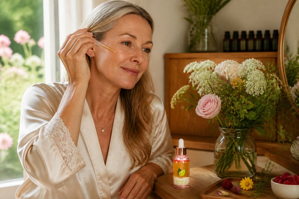 Woman in her 50s with mature skin applying botanical serum to her face near a wooden vanity with fresh flowers, botanical ingredients, and essential oil bottles in soft natural window lighting