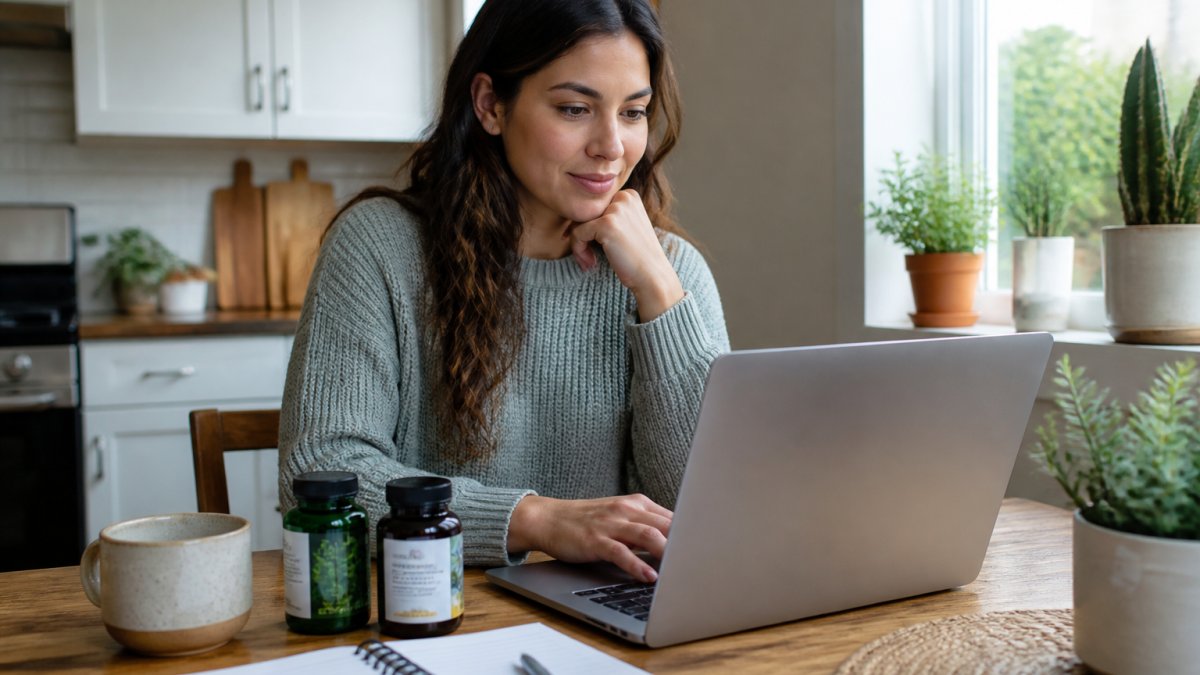 A person at a kitchen table with a laptop open to a wellness store, a notebook, and two supplement bottles beside the keyboard, morning light through the window
