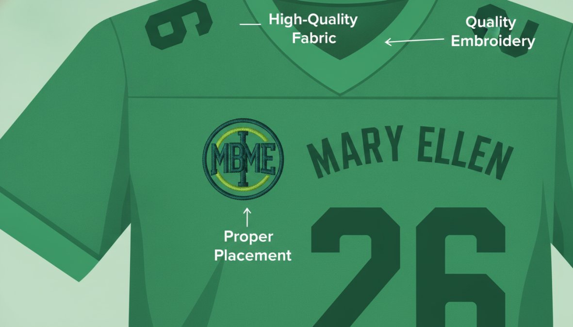 Close-up of a custom sports jersey with embroidered team logo and player number, showing quality stitching and proper placement on high-quality performance fabric