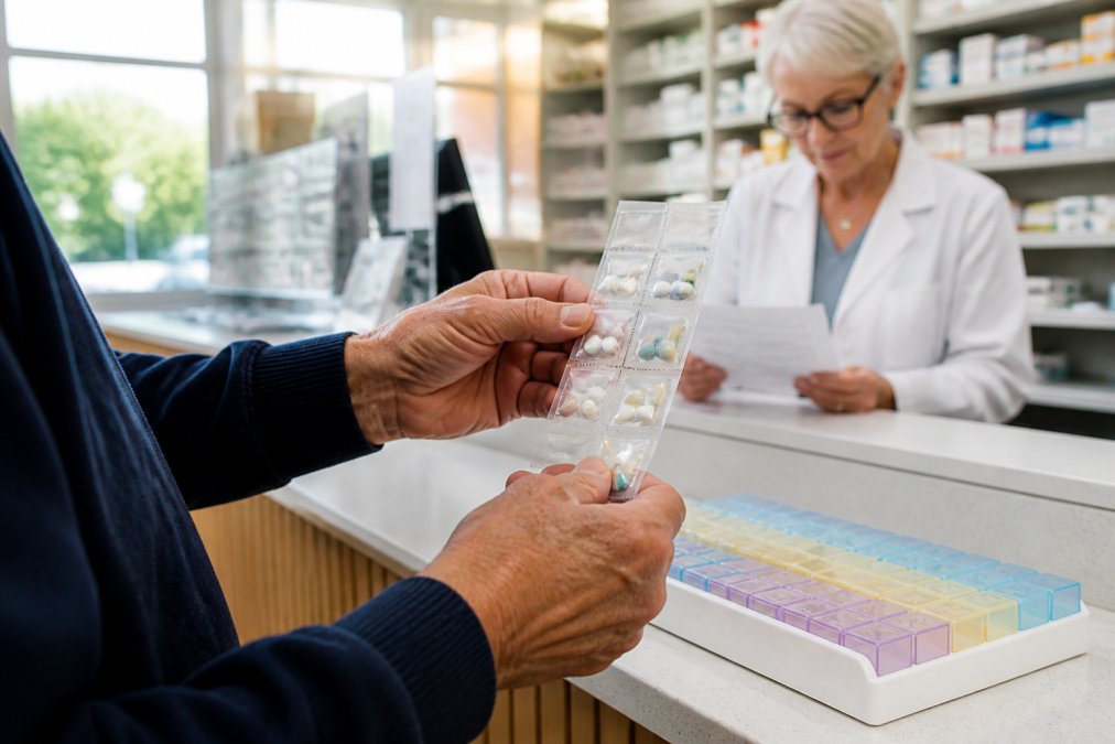 Close-up of a senior's hands holding a strip of date-and-time-stamped medication packets next to a weekly pill organizer, with a pharmacist in the background reviewing a prescription list in a bright pharmacy setting