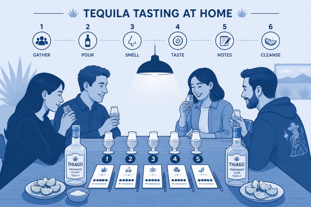 Friends gathered around a wooden table with small tequila glasses arranged in a line, fresh lime wedges, and handwritten tasting notes visible on cards, warm amber lighting from above