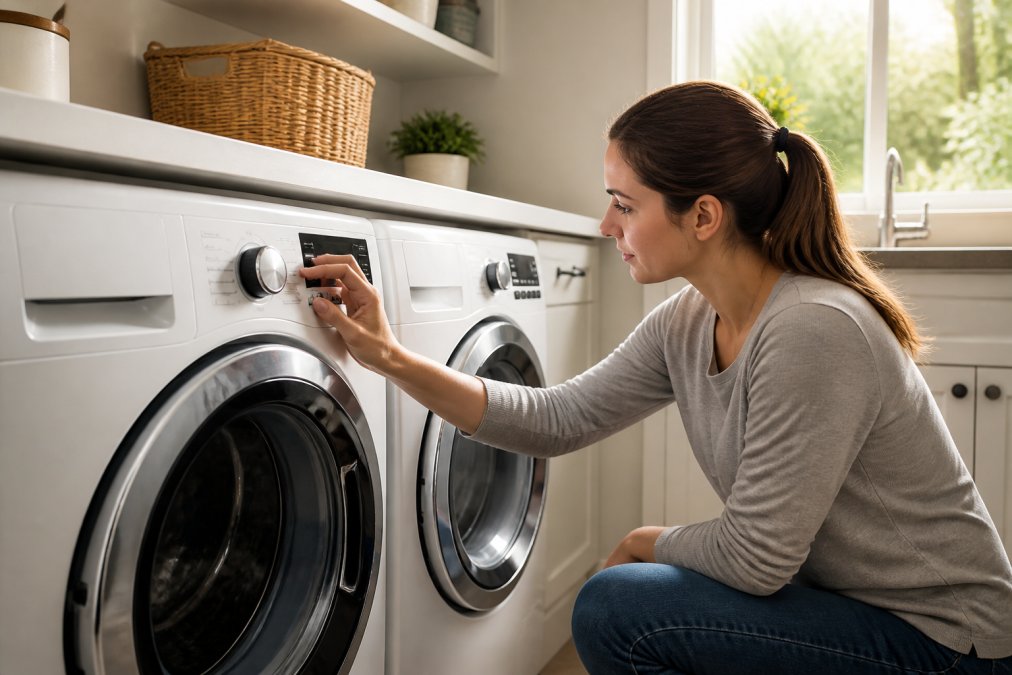Homeowner in a modern laundry room carefully inspecting the controls and dial of a new washing machine, natural light streaming through the window, examining the build quality