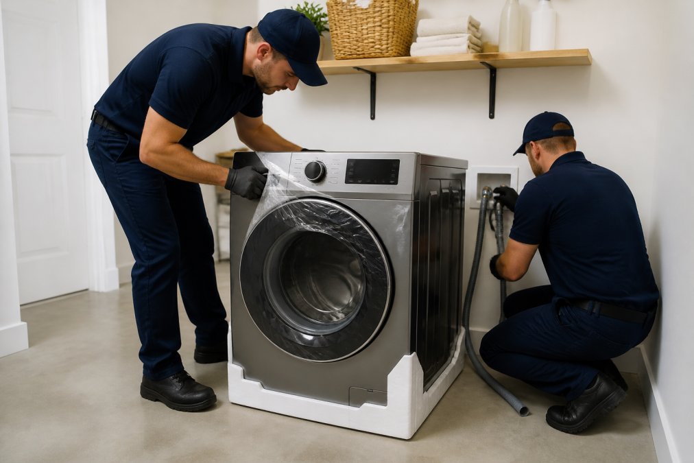 Professional delivery technicians in uniform carefully unboxing and positioning a new washing machine in a residential laundry room, checking connections, with concrete flooring and white walls visible